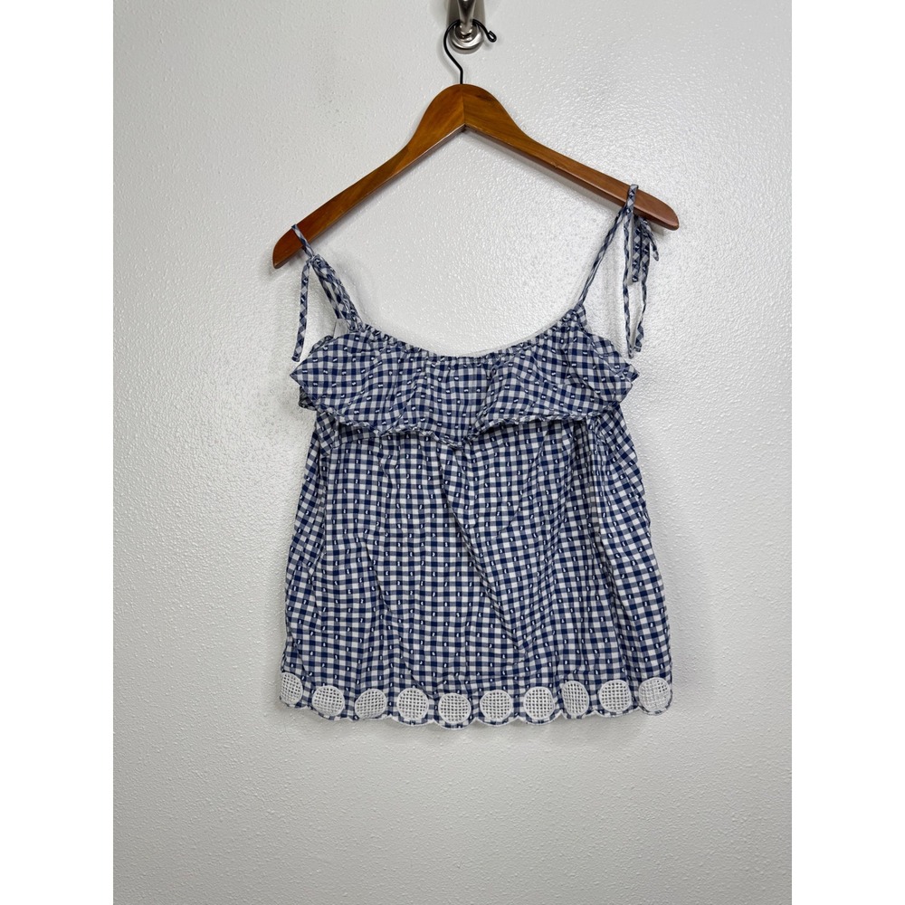 J.Crew Gingham Tie Shoulder Ruffle Top Navy Blue White Eyelet Hem Womens 8